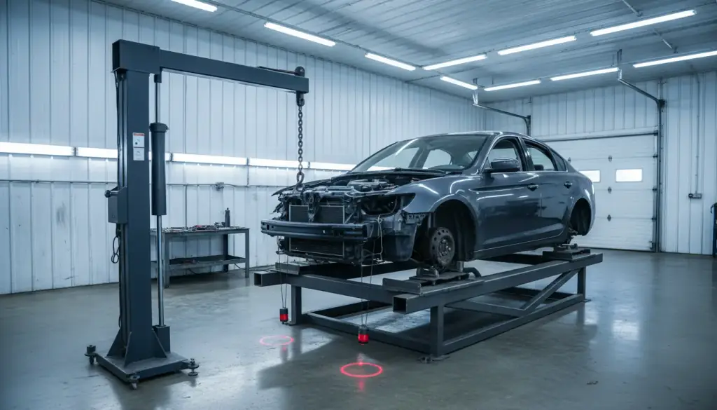 Sedan unibody clamped to a frame-straightening bench with a hydraulic pull tower and laser targets