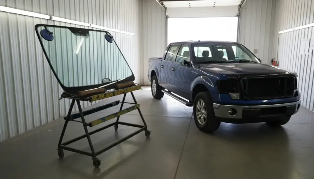 New windshield on a padded glass stand beside a pickup truck in the shop