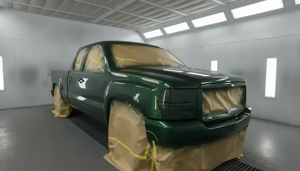 Green pickup masked in tan paper inside a white downdraft paint booth