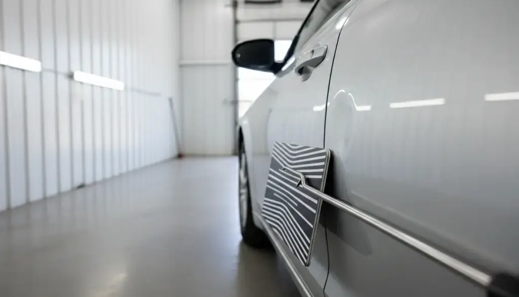 Striped reflection board showing a shallow dent in a silver car door