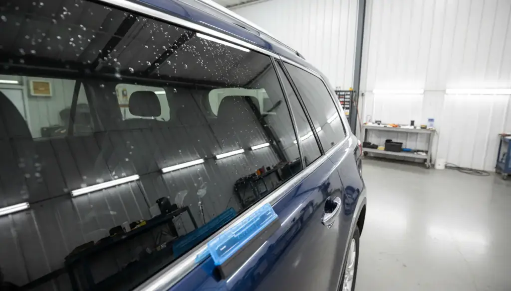Dark window film half applied to the rear side glass of a blue SUV